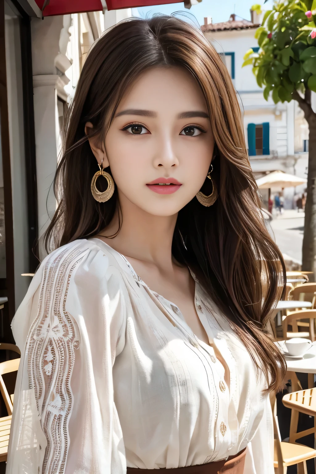 masterpiece, Highest quality, Realistic, Very detailed, Finer details, High resolution, 8k wallpaper, One beautiful woman,Wear a nice blouse, On a lovely cafe terrace, at noon, Light brown messy hair, Perfect dynamic composition, Beautiful and beautiful eyes、Big earrings、