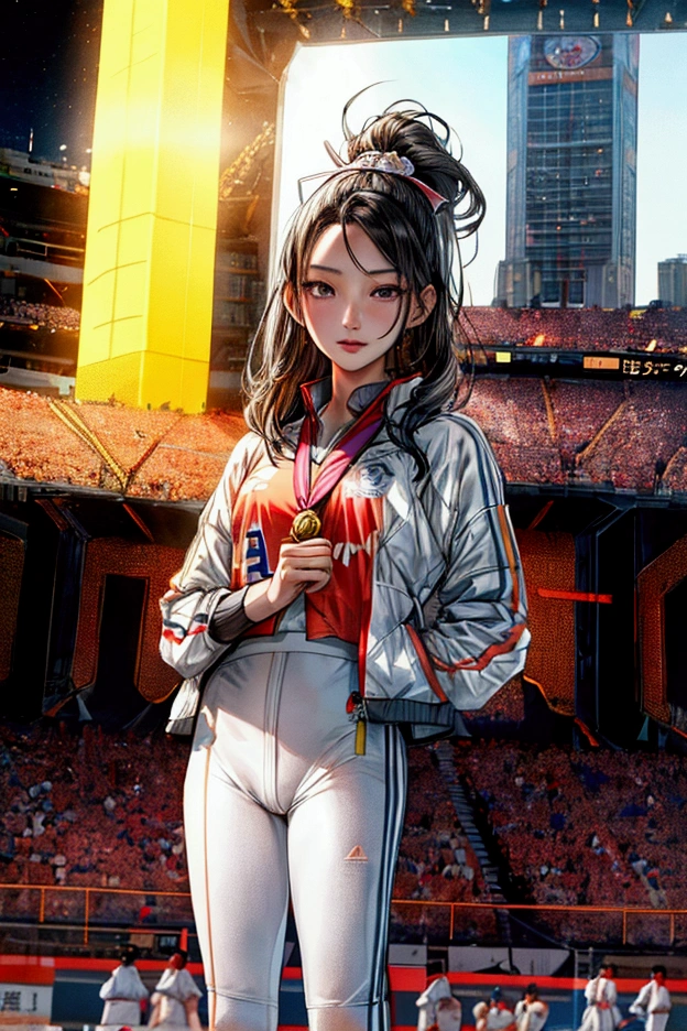 , 艺术illustration, Artistic Rendering, Sports settings, (cheer),(sports venue), (((whole body))),{(holding a medal in hand)}, taken in 2 0 2 0, Gemma Chan, mei-ling zhou, wenfei ye, open, yun ling, maya takamura, Olympic Games Photos, {{ Perfect facial proportions}},{{masterpiece}}, {{{best quality}}},{{Extremely detailed}}, {{illustration}},{{masterpiece}},{{{best quality}}},{{Extremely detailed}}, Photorealism,realism,Reality,High Detail,Ultra-high quality,high resolution,Popular on artstation,超realism,HD,16K,Unreal Engine,rendered on octane,Corona Rendering,Tilt Shift,Bottom View,Rembrandt Lighting,
