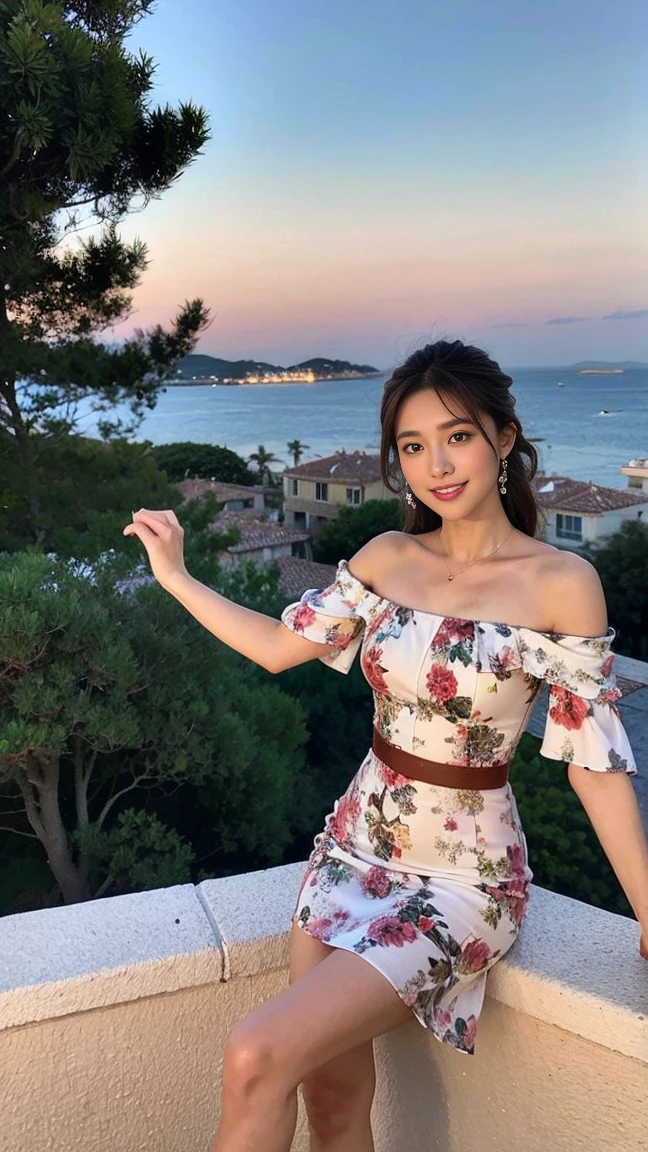 dark brown hair、Light brown eyes、Japanese actress、I am about 40 years old...、Saint-Tropezにあるテラスレストランで、Spectacular views、In nature、Terrace seats、背景にはSaint-TropezのSpectacular viewsが広がる、A floral dress with a resort feel、Off the shoulder、Sandals、Night view、Deep sorrow、Feeling weak、Debilitated pose、Deep sorrowの表現、Saint-Tropez、Leaning against the wall、