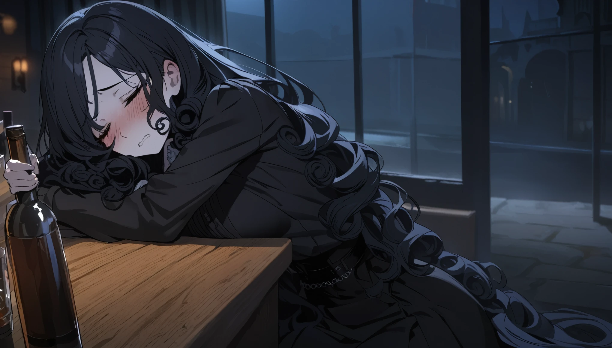 ((Woman)), Depressed, ((Curly Long Hair)), Drunk, Sad, Goth, Submissive, Bar, Night, HD, High Resolution, 4K