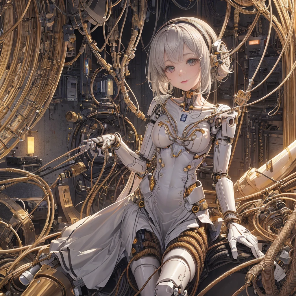 (((masterpiece))), (((Highest quality))), ((Very detailed)), (Highly detailed CG illustrations), ((Very delicate and beautiful)),(Cute delicate face),Cinematic Light,((1. Machine Girl)),Facing forward、alone,whole body,(Machine made joints:1.4),((Mechanical limbs)),(Blood vessels connected to tubes),((Mechanical vertebrae attached to the back)),((Cervical vertebrae mechanically attached to the neck)),((Sitting)),Expressionless,(Wires and cables connecting the head and body:1.5),(Character Focus),sf