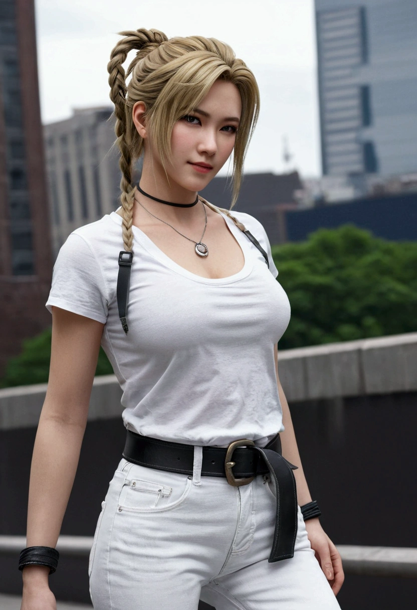 masterpiece, best quality, 1girl, lunafreya, braid, ponytail, necklace, white t-shirt, dark gray jeans, city, walking, medium breasts, looking at viewer, black heels, black belt.