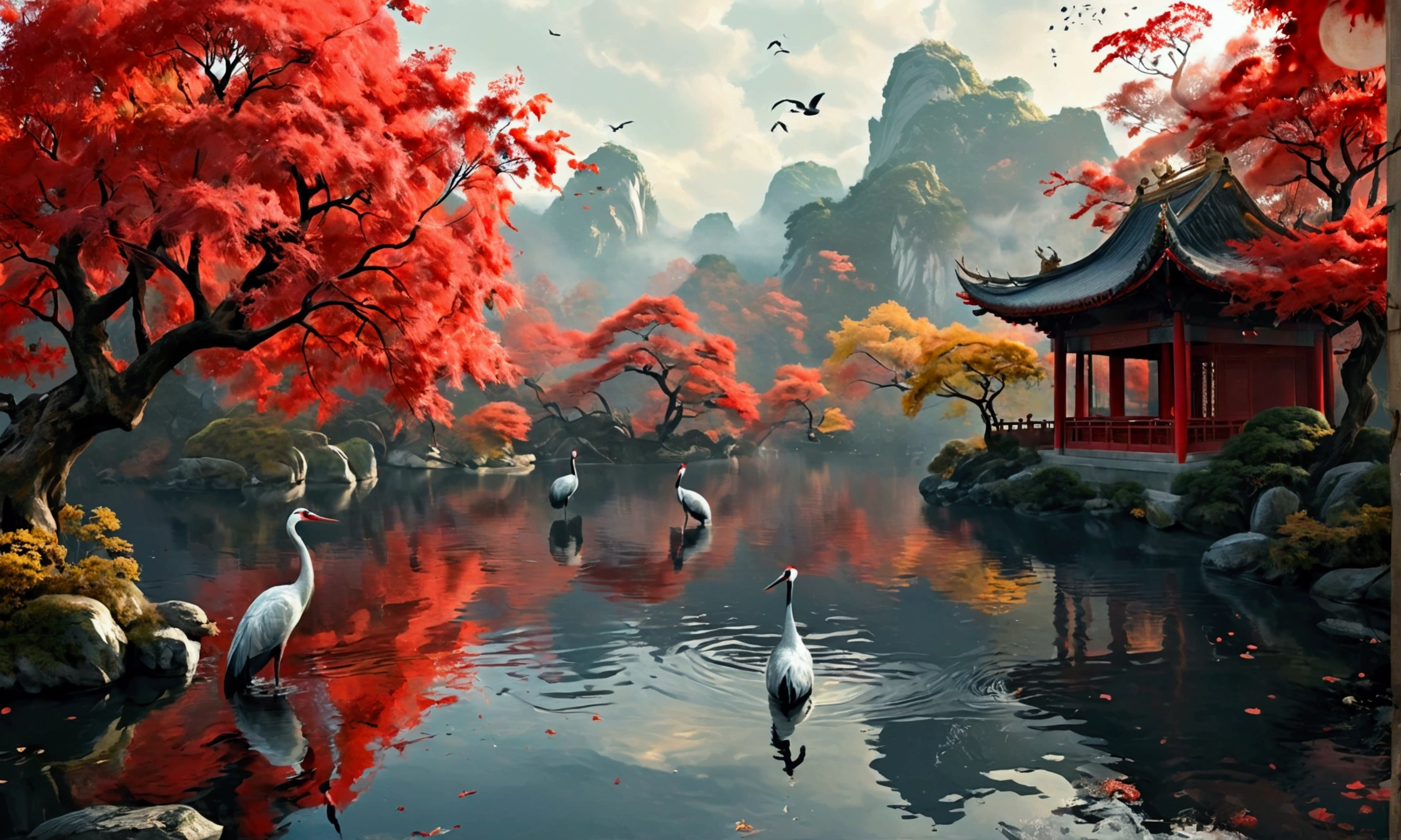 Classical Chinese background，There are cranes，There are red maple，HD，16K，16K，Creativity