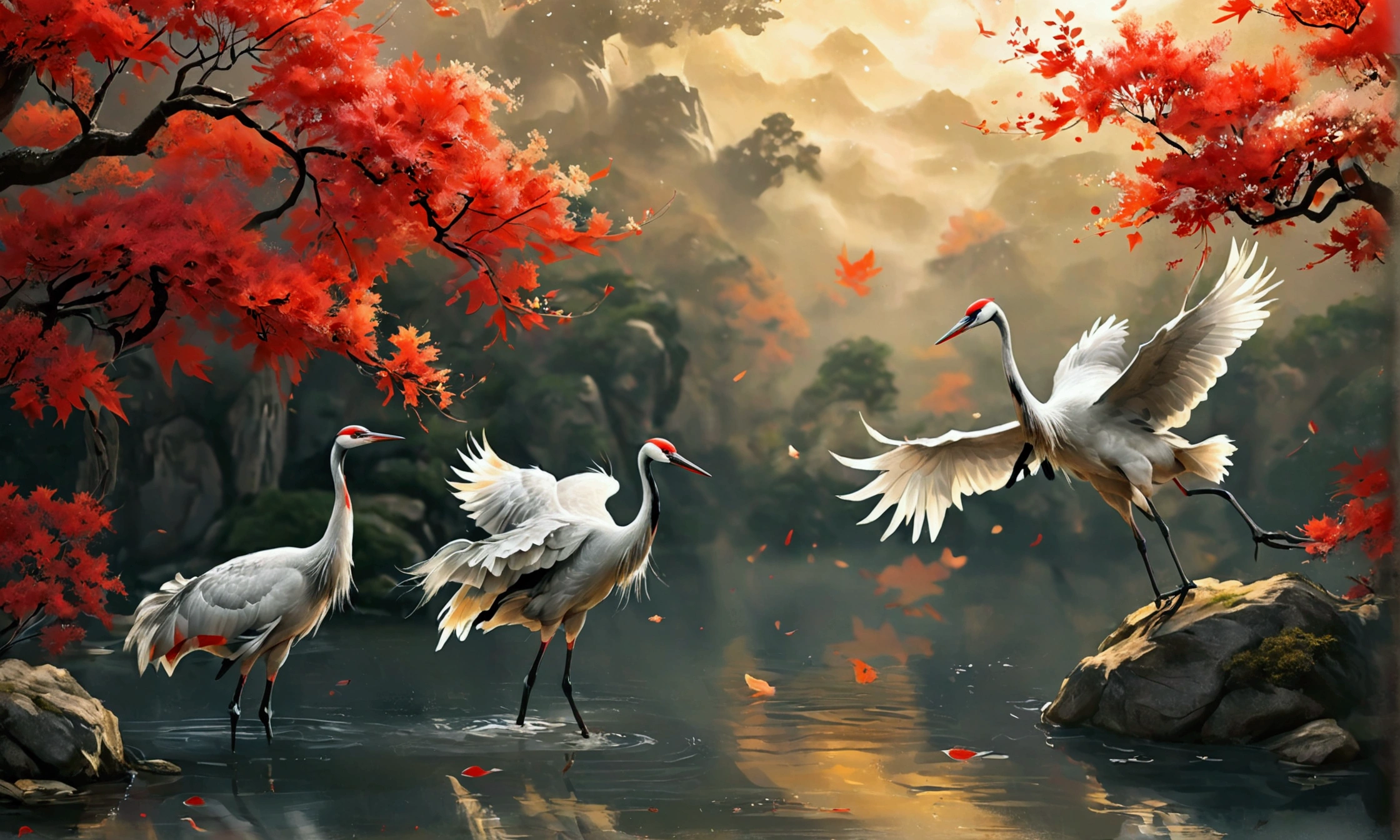 Classical Chinese background，There are cranes，There are red maple，HD，16K，16K，Creativity