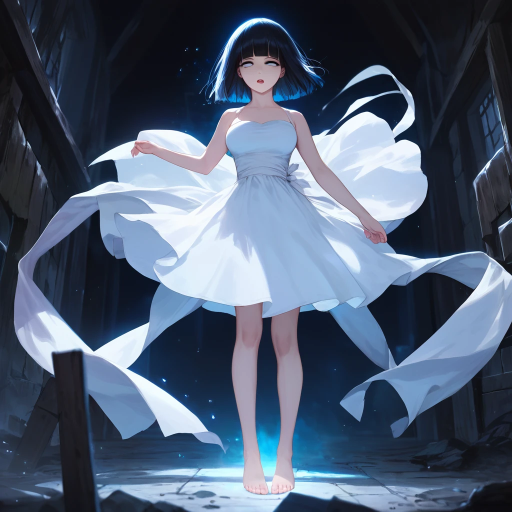 score_9,score_8_up,score_7_up,masterpiece,best quality, source anime, realistic, super detailed, extreme detailed, rating_safe,
1girl, ghostly girl, whole body luminous, feet transparent, sinister atmosphere,
short hair, bob cut, (blunt bangs), (large breasts:0.9),
white dress, simple dress, expressionless, empty eyes, open mouth, abandoned house, (darkness:1.3),