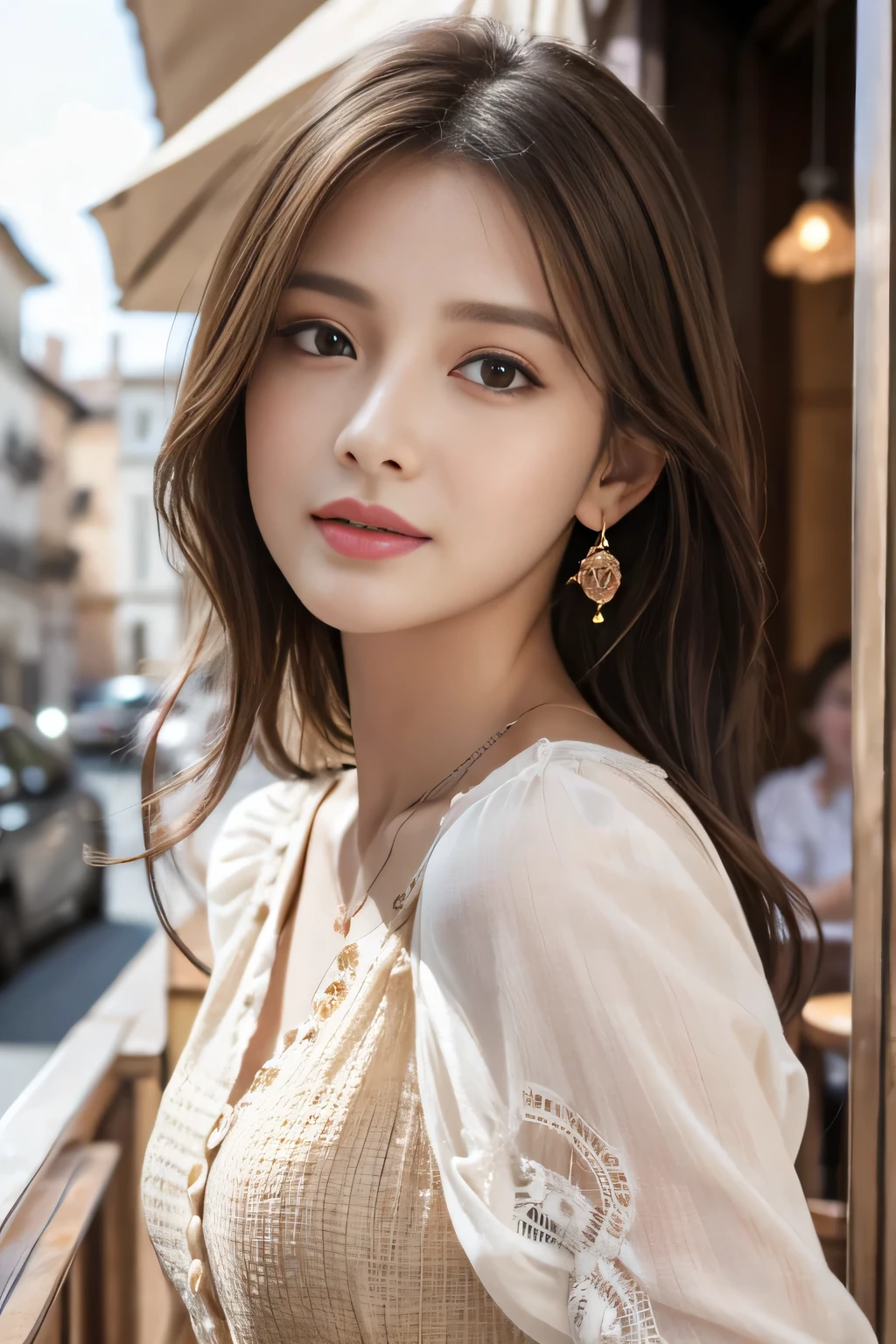 masterpiece, Highest quality, Realistic, Very detailed, Finer details, High resolution, 8k wallpaper, One beautiful woman,Wear a nice blouse, On a lovely cafe terrace, at noon, Light brown messy hair, Perfect dynamic composition, Beautiful and beautiful eyes、Big earrings、