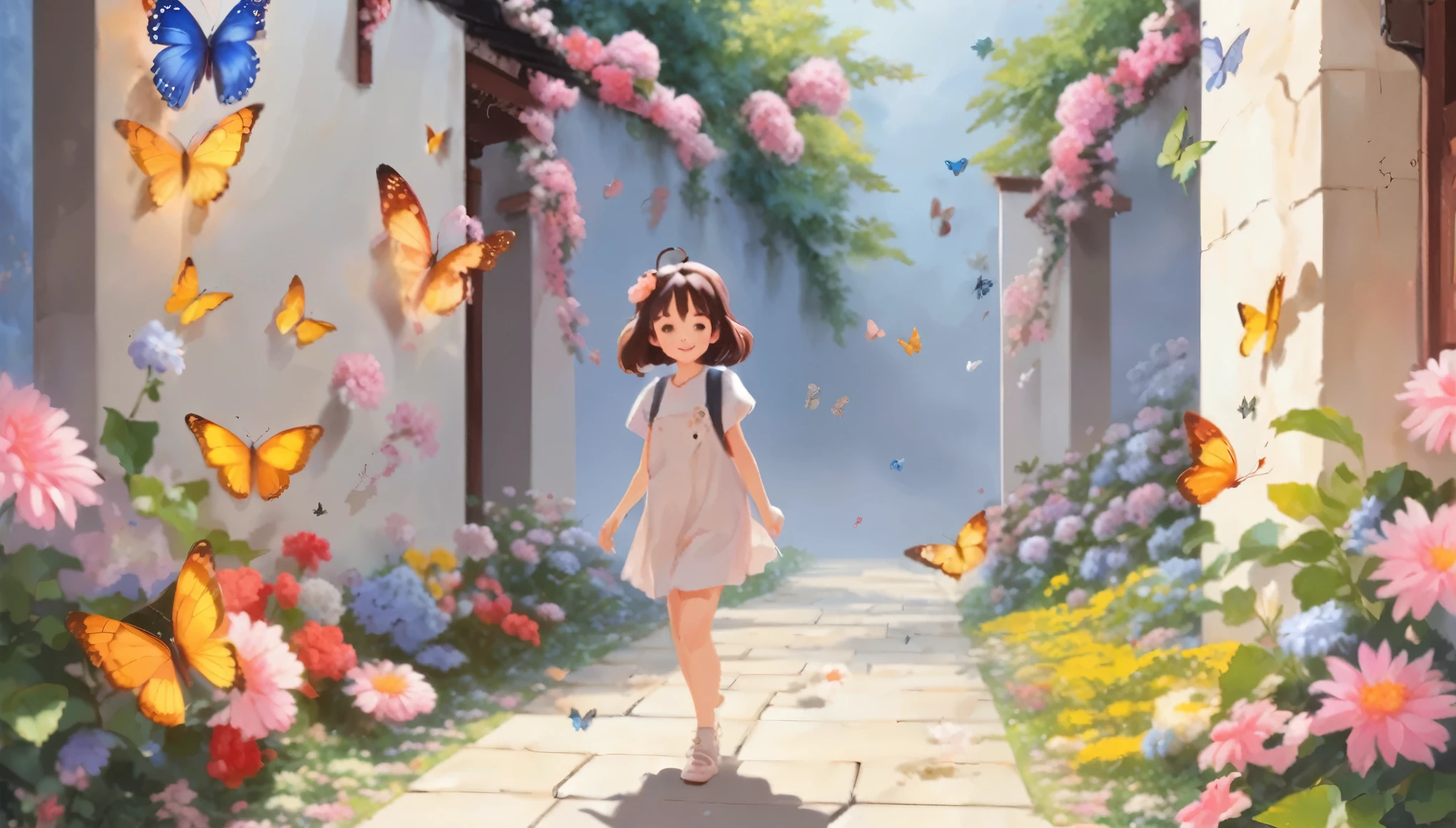 There is a wall in the background、There are beautiful paintings on the walls、A cute girl walking in front of the wall、Walking with a smile、Cute Shoes、splash、Flower Hair Ornaments、Butterfly Hair Ornament、Shooting from the side、Bright colors、Studio Lighting、Physically Based Rendering