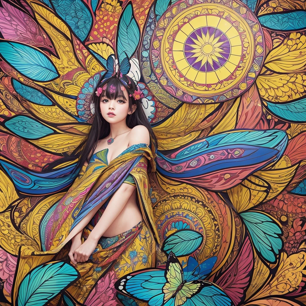 A picture that can be enjoyed as a coloring book、Artistic mandala-style drawing of a butterfly motif、An illustration、beautiful、Bold line、Manga style、Low Detail、No black paint、1 picture
