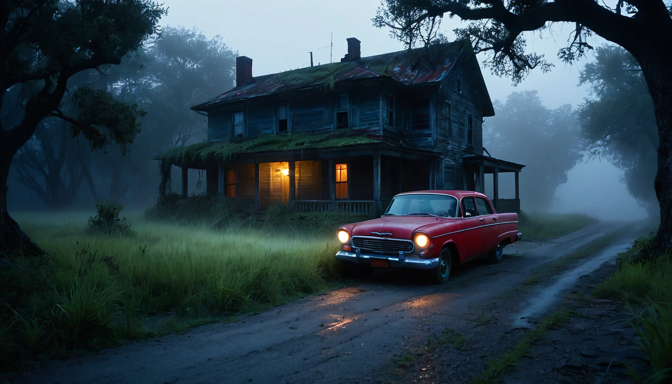 004: Create a hyper-realistic image of an abandoned, weathered house by the side of a desolate road at night. The house is surrounded by tall, overgrown grass and twisted trees. Jimena, standing in front of her red car parked nearby, looks toward the house with a mix of fear and curiosity. The road is dimly lit by the car's headlights, and the surrounding area is shrouded in fog, adding to the ominous mood. The image should be in a 16:9 format, with soft shadows and highlights to heighten the sense of tension.