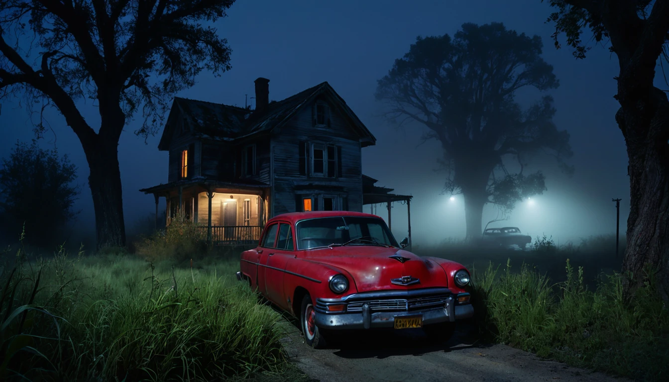 004: Create a hyper-realistic image of an abandoned, weathered house by the side of a desolate road at night. The house is surrounded by tall, overgrown grass and twisted trees. Jimena, standing in front of her red car parked nearby, looks toward the house with a mix of fear and curiosity. The road is dimly lit by the car's headlights, and the surrounding area is shrouded in fog, adding to the ominous mood. The image should be in a 16:9 format, with soft shadows and highlights to heighten the sense of tension.