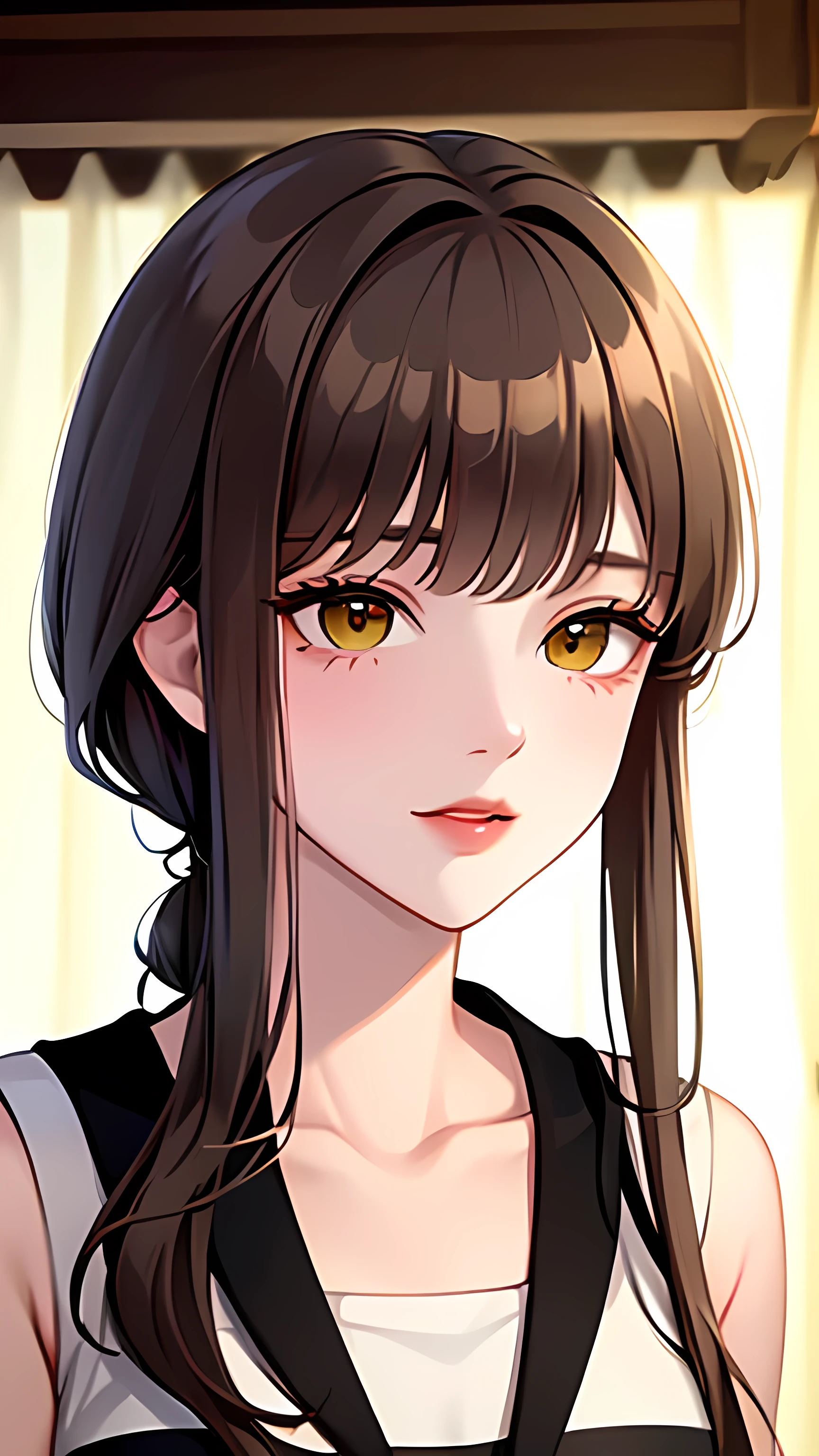 anime girl 20 years old with narrow eyes of different colors yellowish-green and dark ochre, a smoll mole under the eye, bruises under the eye, faint freckles only on the nose, straight dark brown hair below the shoulders, long bangs covering the left eye, pale skin, tired look, breasts of the second size, low height, 4k
