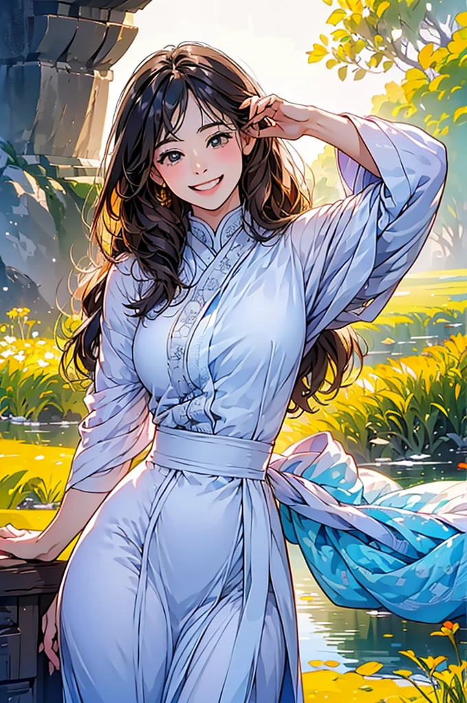 (in 8K、top-quality、masterpiece:1.2)、One woman、(Smiling smile:1.1)、beautidful eyes、Valley、The upper part of the body、shorth hair、Like a boy、Colossal tits、Purple View、