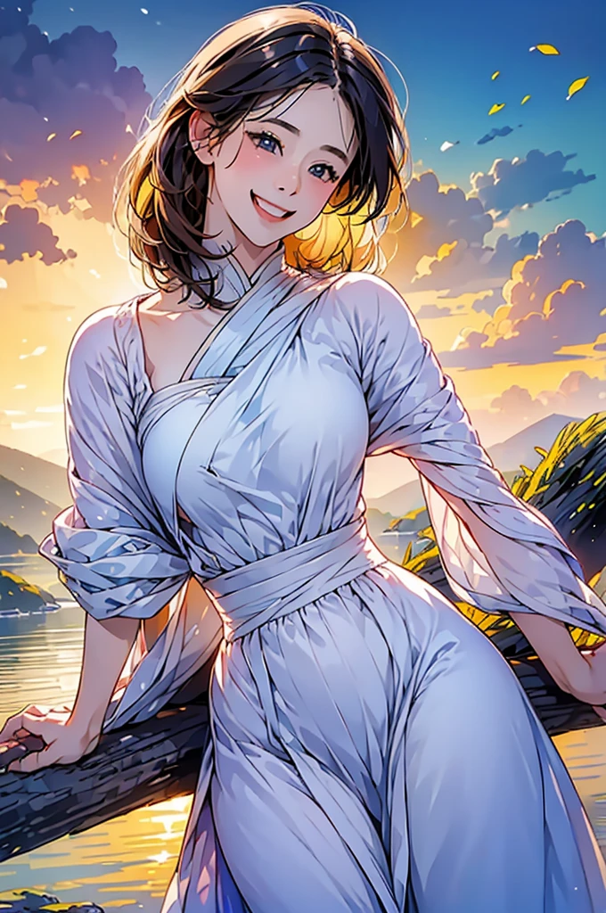 (in 8K、top-quality、​masterpiece:1.2)、One woman、(Smiling smile:1.1)、beautidful eyes、Valley、The upper part of the body、shorth hair、Like a boy、Colossal tits、Purple View、