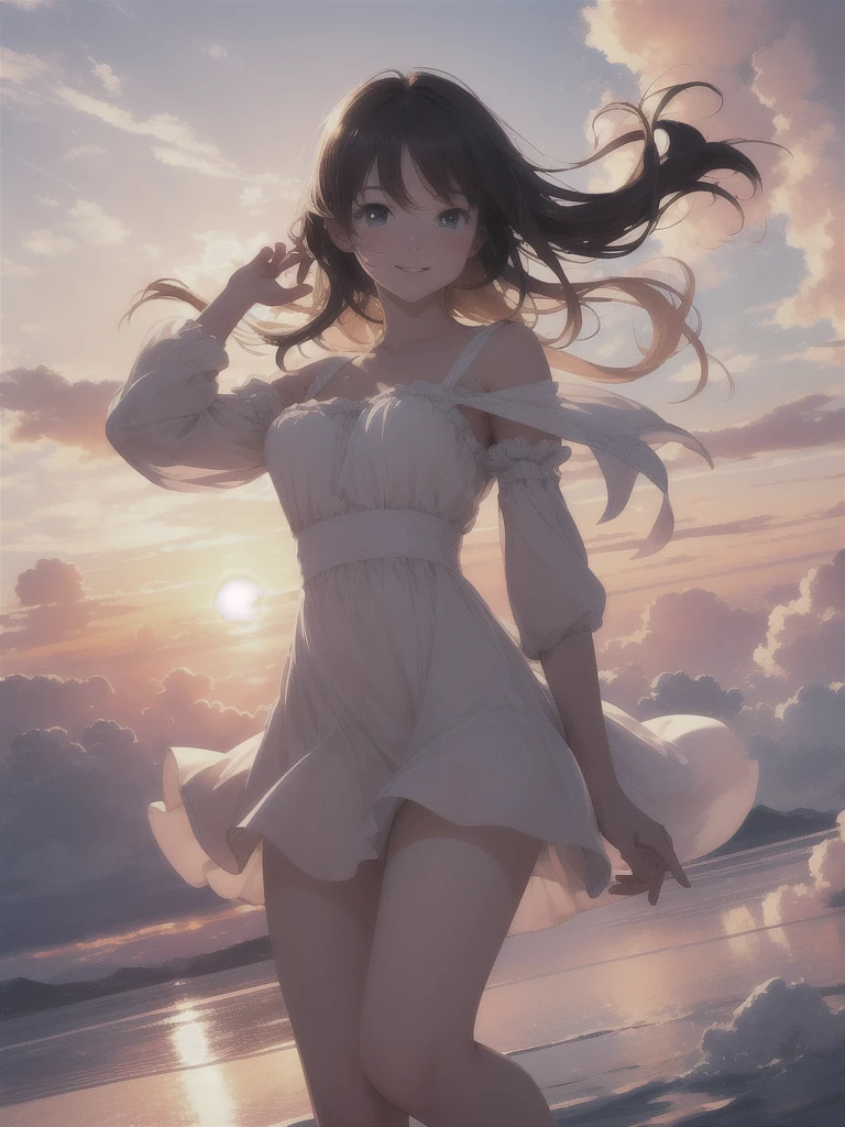 (masterpiece:1.1), (Highest quality:1.1), (High resolution:1.0), Cinematography, One girl, Floating in the sky, cloud girl, cloud, (close:1.1), bright, Happy, fun, Soft lighting, Sunset Space