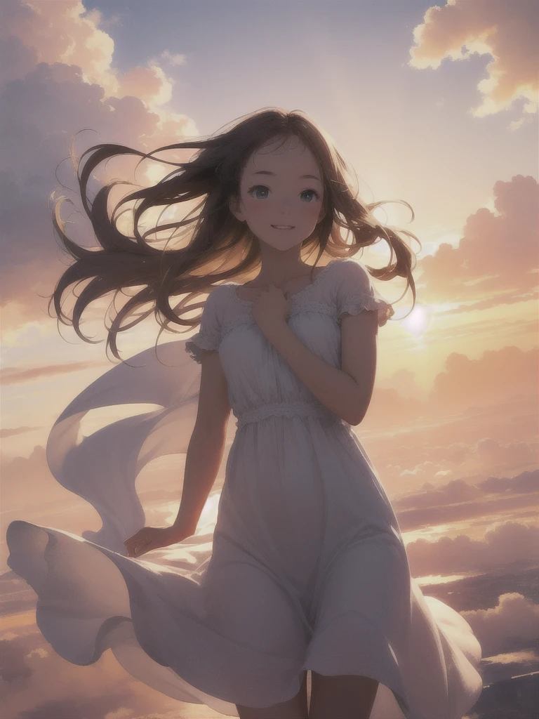(masterpiece:1.1), (Highest quality:1.1), (High resolution:1.0), Cinematography, One girl, Floating in the sky, cloud girl, cloud, (close:1.1), bright, Happy, fun, Soft lighting, Sunset Space