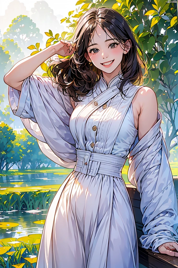 (in 8K、top-quality、masterpiece:1.2)、One woman、(Smiling smile:1.1)、beautidful eyes、Valley、The upper part of the body、shorth hair、Like a boy、Colossal tits、Purple View、