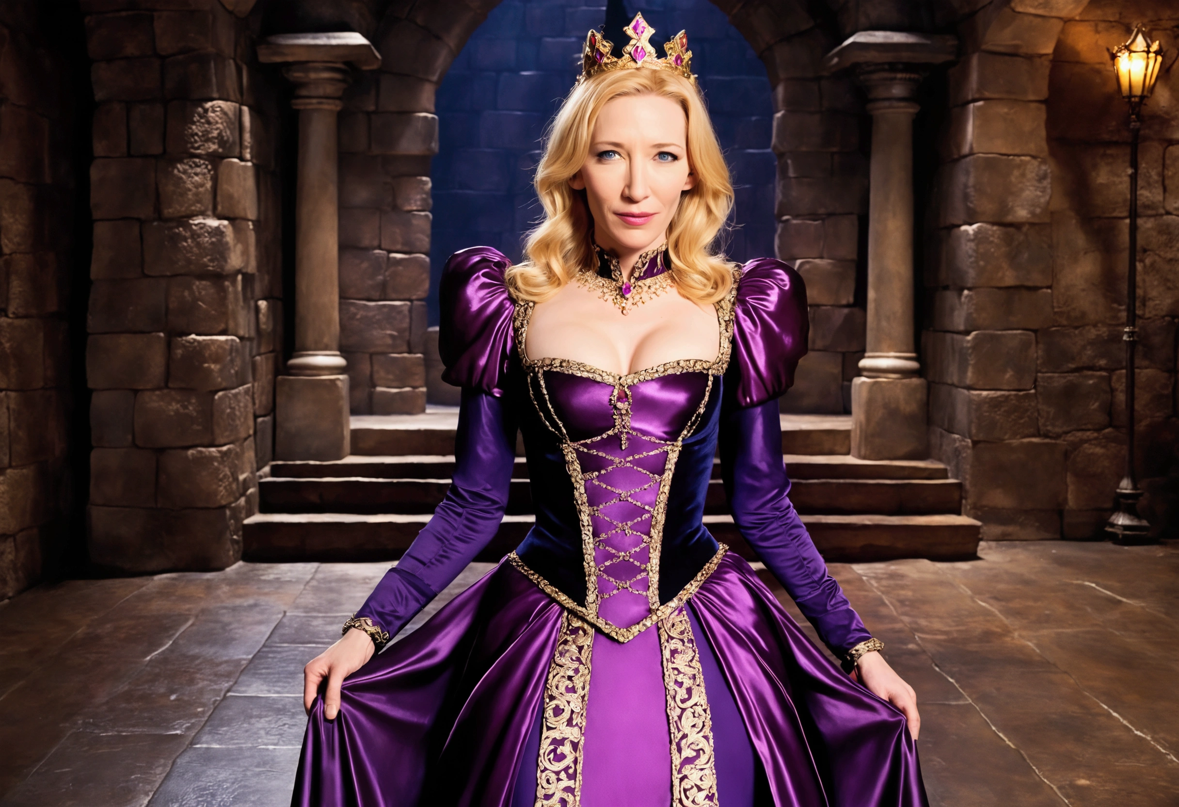 Cate Blanchett, age 25, is in costume as Princess Daphne from video game Dragon's lair. Damsel in distress, dramatic poses, overly sexual, dangerous dungeon setting
