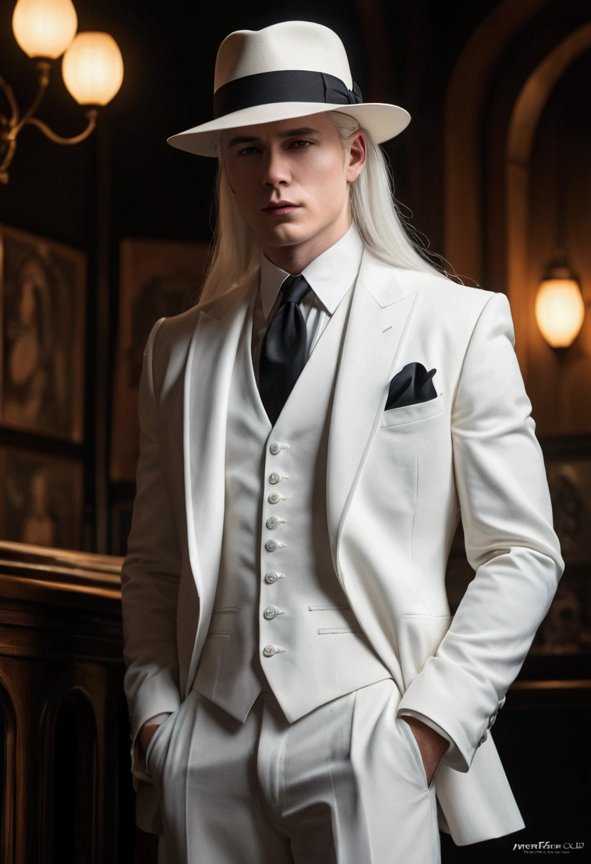 work of art, highest quallity, standing alone focus, (face perfect:1.1), (high détail:1.1),Dramatic, 1 guy, (pale skin), long and voluminous braided white hair, eye white, standing alone, long hair, moonligh, natta, luxury white suit, white fedora hat, addressed navel, fleshy lips, addressed, jazz club, detailed back ground, art by artgerm and greg rutkowski, gothic revival, cinematic lighting,