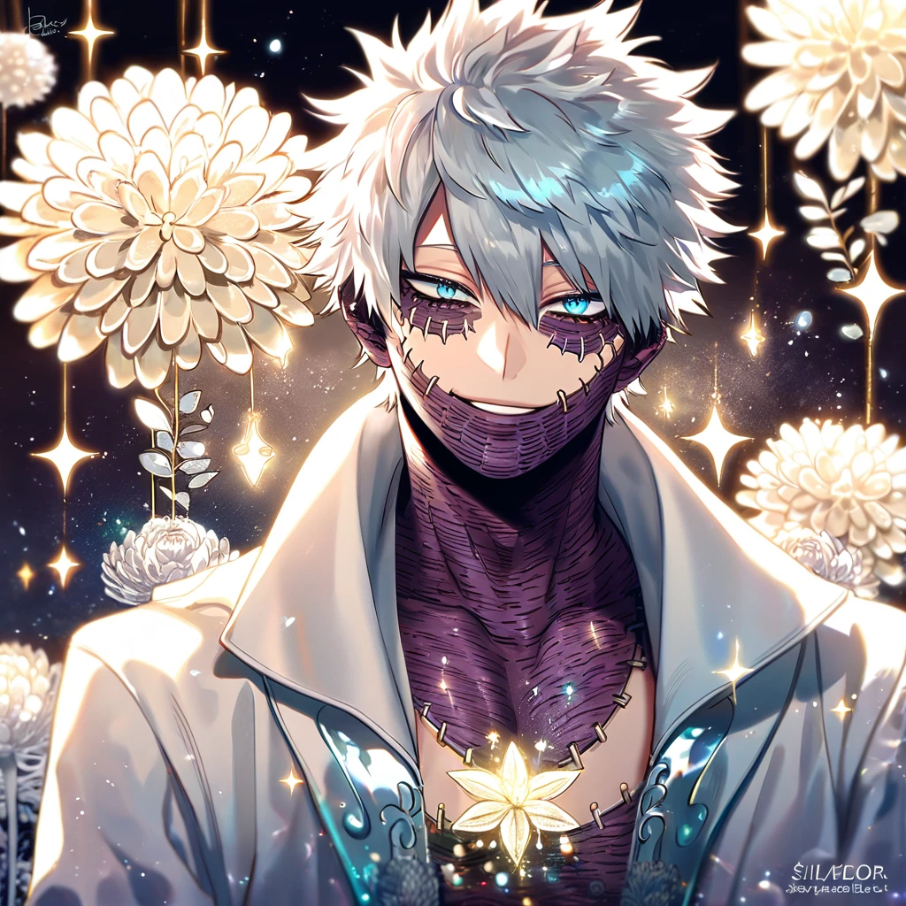 absurdres, highres, ultra detailed, HDR, master piece, best quality, extremely detailed, Dabi, white hair, expressive turquoise eyes, Boku No Hero Academia, solo, sexy man, handsome, sensual, smile, white coat, fantasy, water, sparkling, silver glittering fireflies, silver moon, silver blossoms, silver chrysanthemums, silver sparkling lights, starry sky, magical