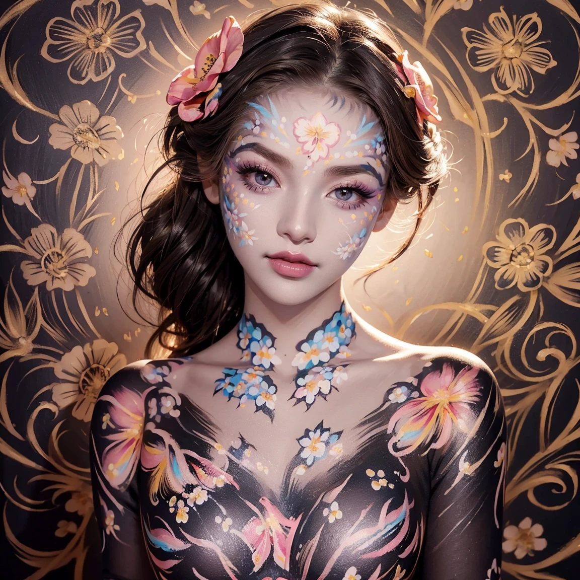 NSFW, (masterpiece, best quality), ultra detailed, high resolution, 16k, the most beautiful face in the world, perfect face, delicate facial features, highly detailed beautiful face and eyes, shiny skin, highly detailed background, elaborately designed, fine cloth texture, BREAK, gorgeous and stunning teenage princess, perfect make-up, eyeshadow, lash extensions, rouge, deeply in love, full of elegance, (floral pattern face paint:1.7), solo, (full body:1.5)