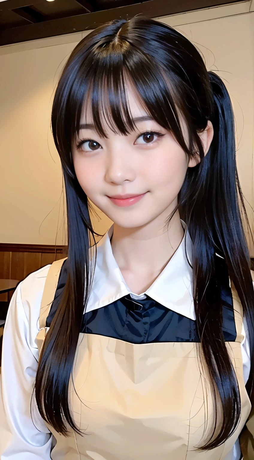 (Highest quality,masterpiece:1.3,Ultra-high resolution,),(Very detailed,Caustics),(Realistic:1.4,RAW shooting,)Ultra-Realistic Capture,Very detailed,High resolution 16K human skin closeup。 Natural skin texture、,pores、、、、It must be detailed enough to be easily identifiable。 Skin tone is even and healthy looking。 Use natural light and colour,restaurant,Waitress Uniform,1 girl,Japanese,18-year-old,cute,Black-haired,ponytail,Big Breasts,smile,Turn your body forward,(Front view:1.1),Looking into the camera,Cowboy Shot,