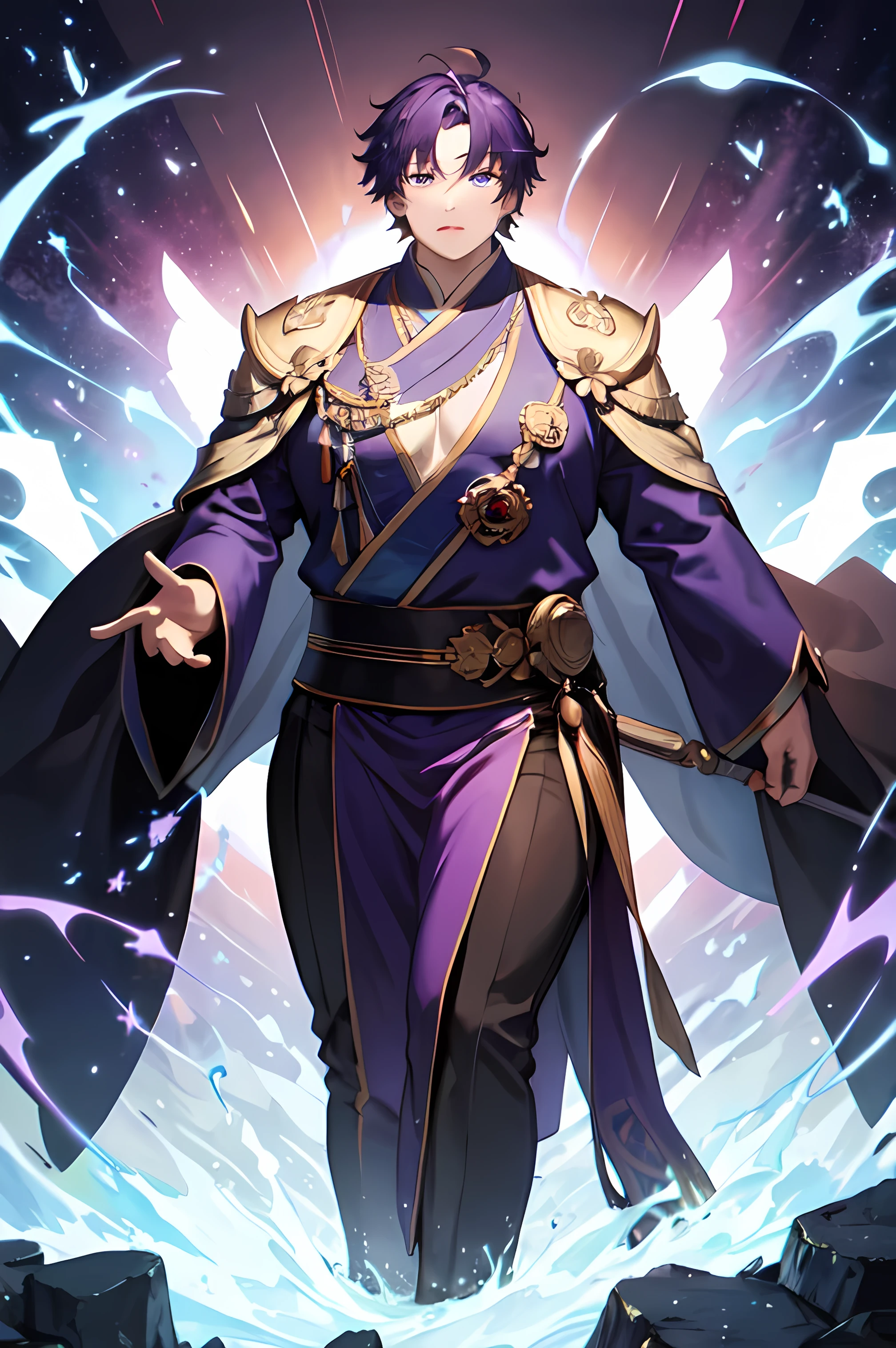 ((best qualityer)), ((work of art)), (detailded), 
1 fat Asian boy, 1,67 tall, purple clothes and psychic and supernatural pores in the background symbols of magic {fat body} {bright purple hair and eyes}