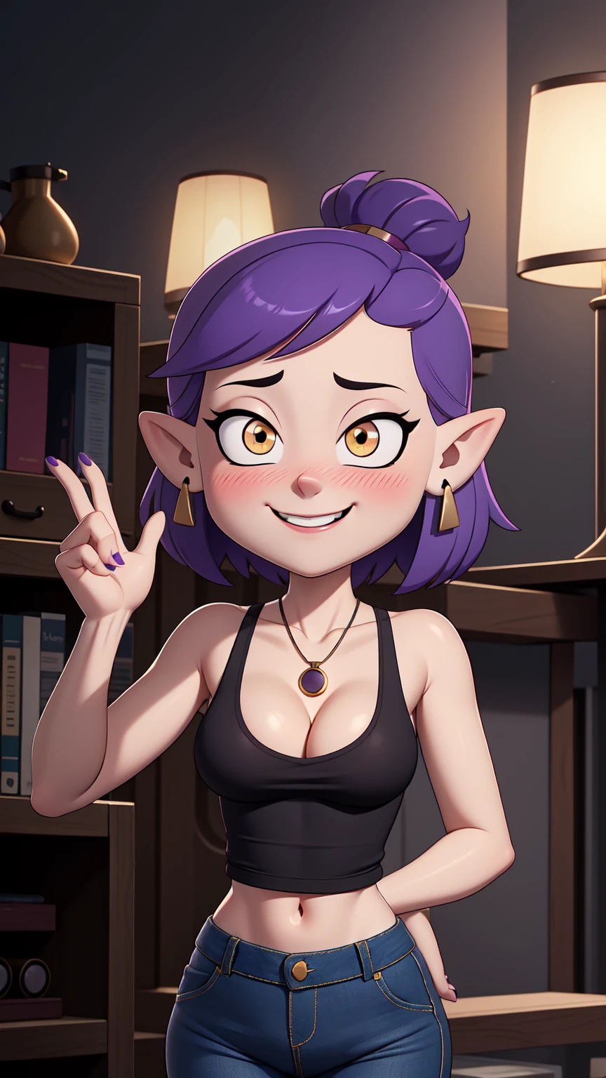 (masterpice, best quality), AmityBlight, short height, young, makeup, black earrings, yellow eyes, short hair, (purple hair:1.4), pointed ears, tank top, (((cleavage))),small breasts, amulet, (tight jeans), standing, looking at viewer, seductive smile, naughty face, nose blush