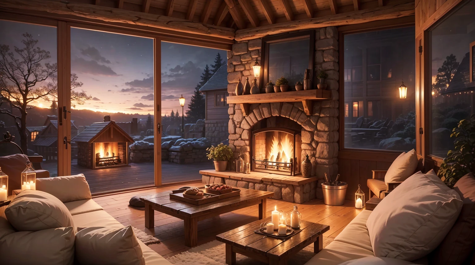 Cartoon background of wooden house living room, This night outside](Comfortable atmosphere), (Soft lighting), Bright stone fireplace fire, This is the best night, Transparent glass window