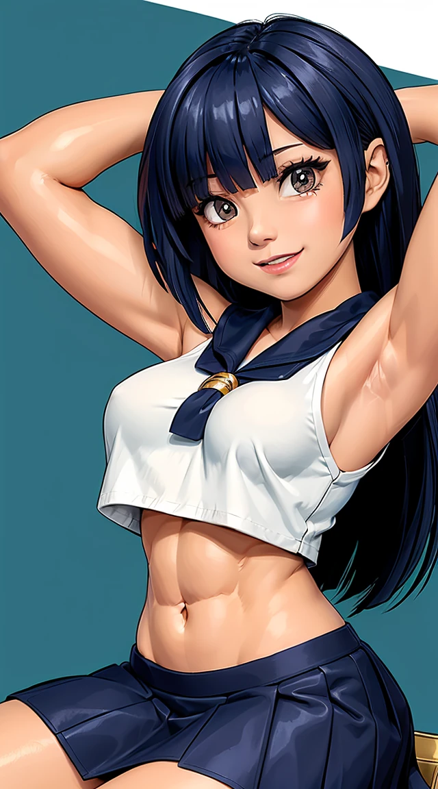 (cabello despeinado), (illustration), retrato, (fondo de ciudad futurista), (arms behind back), Cintura delgada, gran sonrisa, ojos detallados, abdominales fuertes, chica delgada, strong abs, muscle girl, front pose, big thighs, focus on face, big nude chested, large city background, blue hair, sailor uniform, skirt, sit on rock