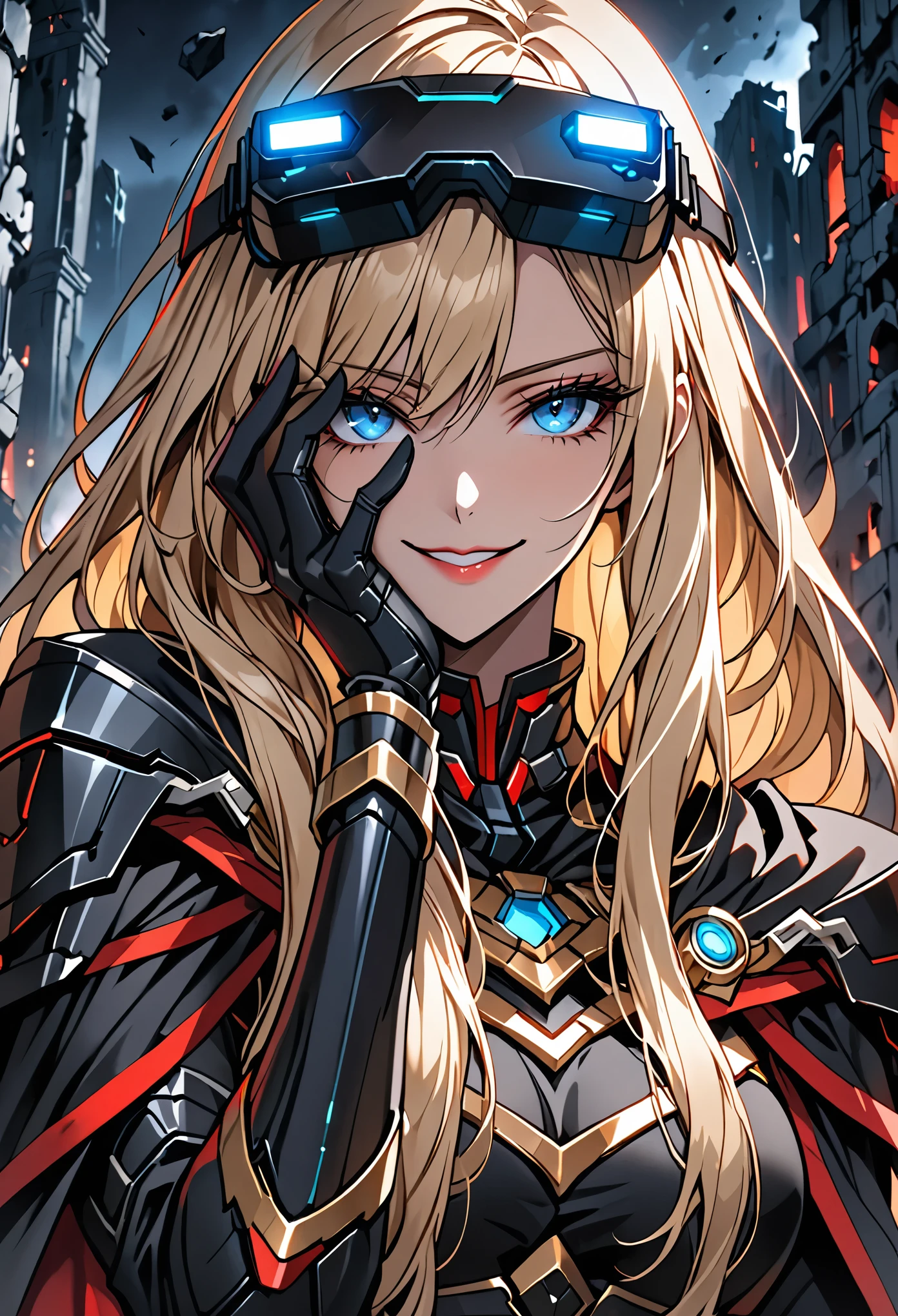 solo, female, sfw, medium shot, huge woman, extremely tall woman, blue eyes, blonde, long hair, black uniform, ((black armor)), black cape, gold trim, red trim, muscular, ruins, smile, military cap, one hand on face, yandere pose, baggy breeches, broad shoulders, night, close up, looking at viewer, futuristic, head-mounted display, display covering eyes