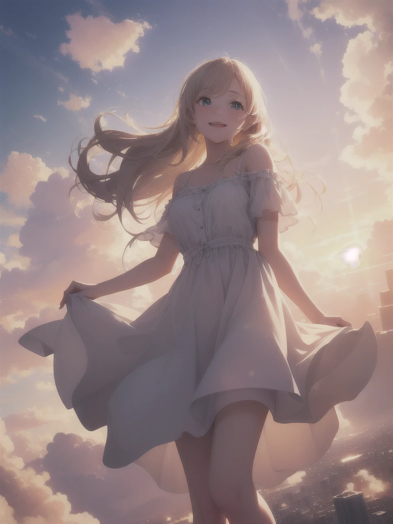 (masterpiece:1.1), (Highest quality:1.1), (High resolution:1.0), Cinematography, One girl, Floating in the sky, cloud girl, cloud, (close:1.1), bright, Happy, fun, Soft lighting, Sunset Space