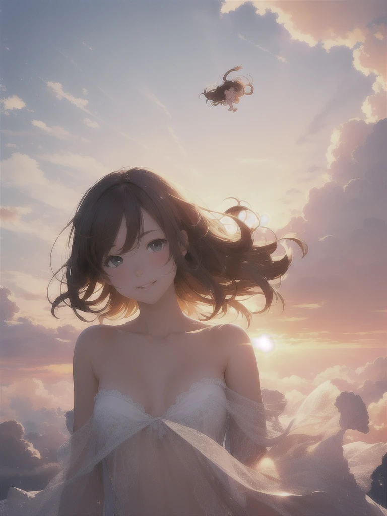 (masterpiece:1.1), (Highest quality:1.1), (High resolution:1.0), Cinematography, One girl, Floating in the sky, cloud girl, cloud, (close:1.1), bright, Happy, fun, Soft lighting, Sunset Space