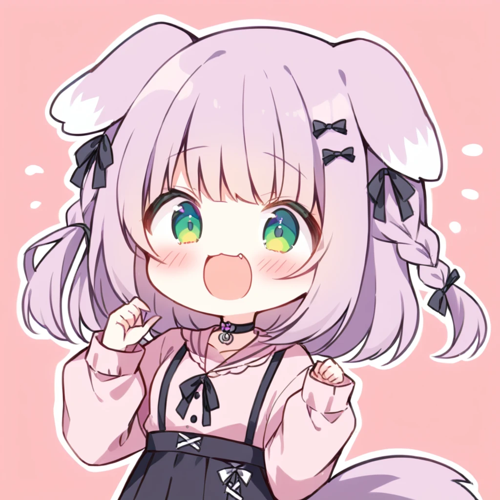 Top quality, masterpiece,a chibi girl
, peal purple and blunt bangs hair, twin braids,green eyes, eyes closed, mouth wide open and screaming, blushing, smilng,fangs,(a girl with closs hair pin,
pink shirt,cosplay, jirai kei, bangs, black skirt, black bow, looking at viewer, bow, long sleeves, choker, ribbon,with Dog droopy ears and tail:1.4),