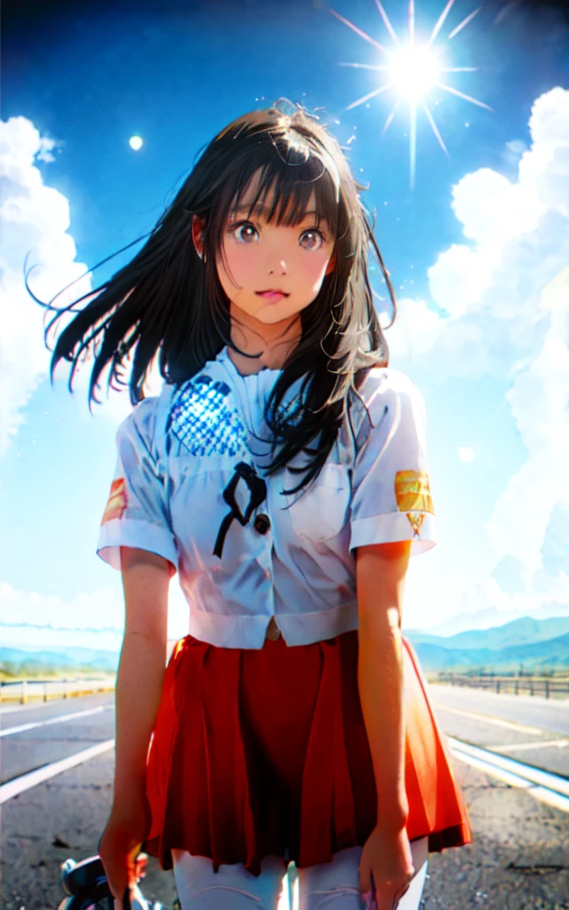 Front facing, facing this way、
Gal&#39;s more beautiful smile、
More cute casual summer outfits、Cute mini skirt、
More beautiful thighore beautiful colorful pantyhose、
Beautiful dark clouds, (Cowboy Shot:1.4), Beautiful and realistic, 
Beautiful masterpiece, Beautiful and top quality, Beautiful backlight, (Lens flare:1.1), (bloom:1.1), (chromatic aberration:1.1)

Meet in front of the station