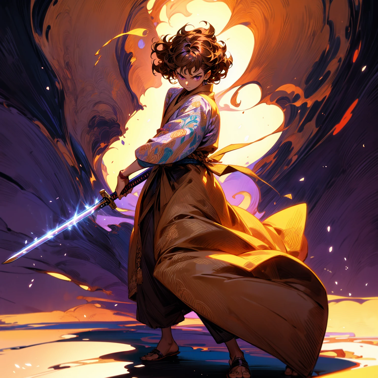 Solo character, full body version, young boy, tan skin, brown color hair, Curly hairstyle, purple eyes, Japanese tunic clothing, background is plain white, shadow, standing battle gesture, sword in hand, (one piece style art)