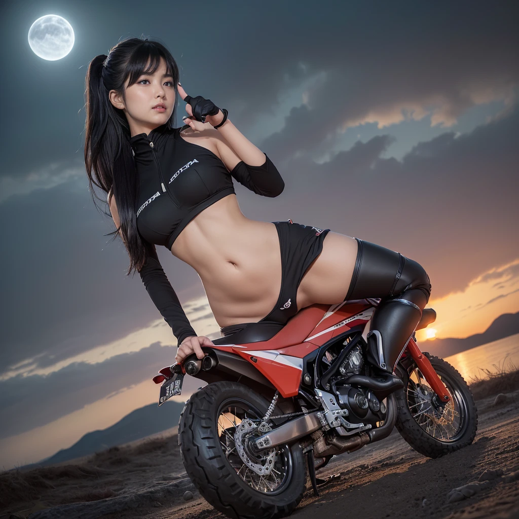 (((Late Night,wide, dark, dark sky,star々が北極starが美しい:1.8))), break (((He drives a large off-road bike.., Honda CRF1100.:1.5))), ((Dark red high-leg bikini:1.5)), (Beautiful young female rider(Helmet,Short gloves,short boots,Small backpack:1.5)), break (Black straight hair,bangs,ponytail), (A stunning 8-head body proportion), (Big Breasts,Beautiful Valley), (Tight waist), (Beautiful belly button), (Big Ass), (Thin thighs), (Beautiful hands and feet), break 広大な空, Beautiful skyline, Vast grassland, Very tense and dramatic photograph, dynamic visual effects, (Fantasy art), break (1 screen), (Highest quality,4K,8k,High resolution,masterpiece:1.2),Very detailed,(Realistic,photograph:1.3 (Perfect Anatomy), (Perfect finger to thumb ratio), (Symmetrical face), break