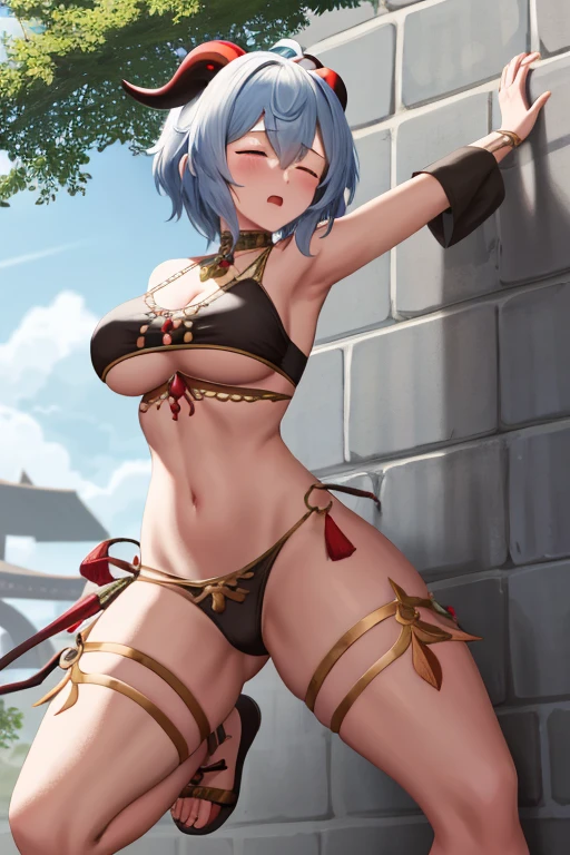masterpiece, best quality, beautiful art, high resolution, well formed hands, body and fingers, 1 woman, solo, Ganyu, goat horns, hair ornament, , grown up, big breasted, cleavage, full body, , wearing a sexy er outfit sexy bellncer, sexy and skimrabian belly dancer outfit, pelvic curtain, gorgeous legs and thighs, ryona , in peril, she is being beaten up by her opponent, she is knocked down and she is slapped in the face , she is pushed against the wall, being humiliated by her opponent, receiving the impact of her opponent's attacks, closed eyes, screaming in pain and agony, heroine in peril, ryona and perilous scene, bouncing breasts, weak and helpless, martialts tournament on the beach