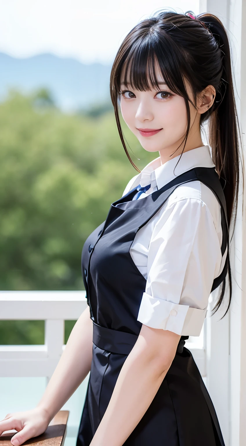 (Highest quality,masterpiece:1.3,Ultra-high resolution,),(Very detailed,Caustics),(Realistic:1.4,RAW shooting,)Ultra-Realistic Capture,Very detailed,High resolution 16K human skin closeup。 Natural skin texture、,pores、、、、It must be detailed enough to be easily identifiable。 Skin tone is even and healthy looking。 Use natural light and colour,restaurant,Waitress Uniform,1 girl,Japanese,18-year-old,cute,Black-haired,ponytail,Big Breasts,smile,Turn your body forward,(Front view:1.1),Looking into the camera,Cowboy Shot,