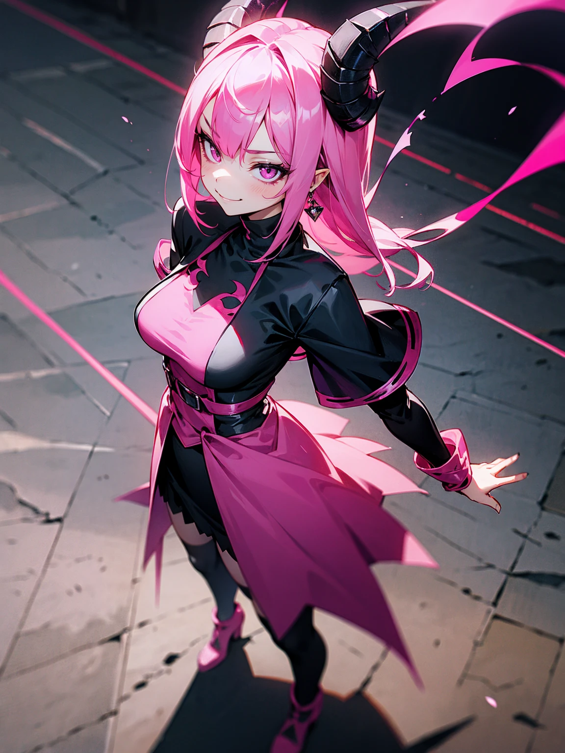 age female demon, pink hair, horned, dark outfit, playful smirk, standing on path, with a shadowy aura