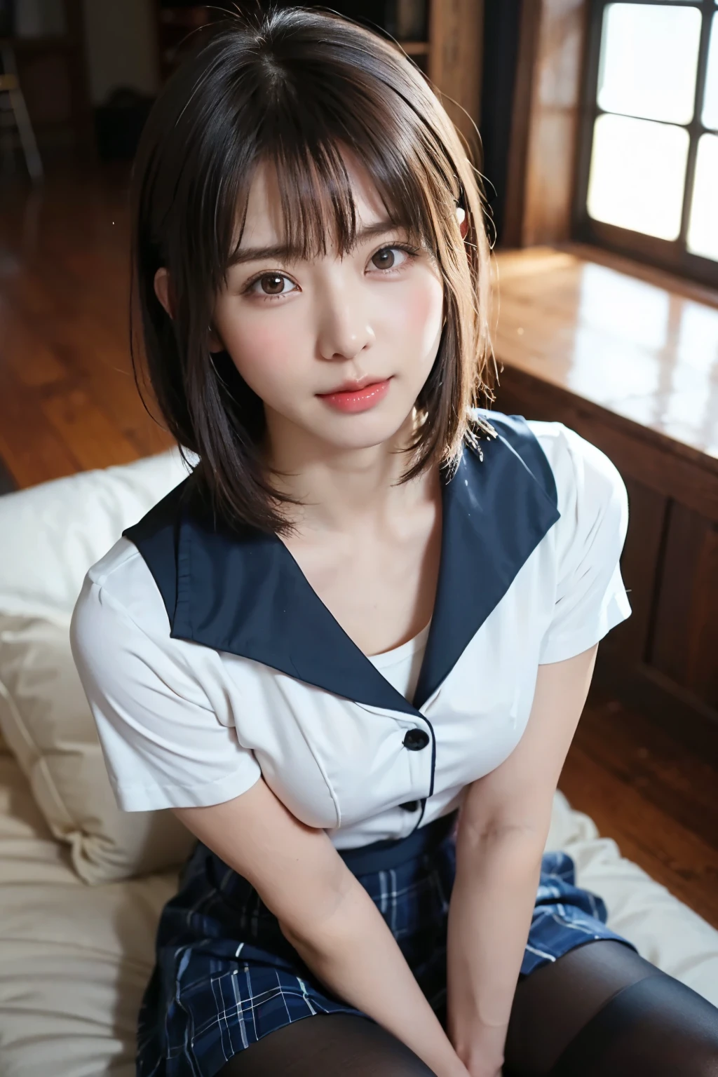 (Highest quality、Highest quality、Masterpiece、Everything is beautifully detailed、Real Stick:1.4)、(photo shoot、:1.4)、((Shooting with a camera from above、Respect、Looking into the camera、Camera view from above、Take a photo from above))、Beautiful detailed girl、Very detailed目と顔、Beautiful and fine details、Ridiculous、信じられないほどRidiculous、Ultra-detailed、High resolution、Very detailed、Highest quality、 Masseter muscle area、((Japanese high school girls uniform))、Very detailed、grow、In detail、Masseter muscle area、、Highest quality、Light on the face、Light、18 year old girl、((Dynamic Pose)))、(Camel Toe)、(pantyhose)、(Sit with your knees bent))、short hair、short hair、Long neck、Listen carefully、Bans、big eye、Eyelashes、cute、とてもcute、{huge|big|hugeな|Mega} chest, chestの谷間