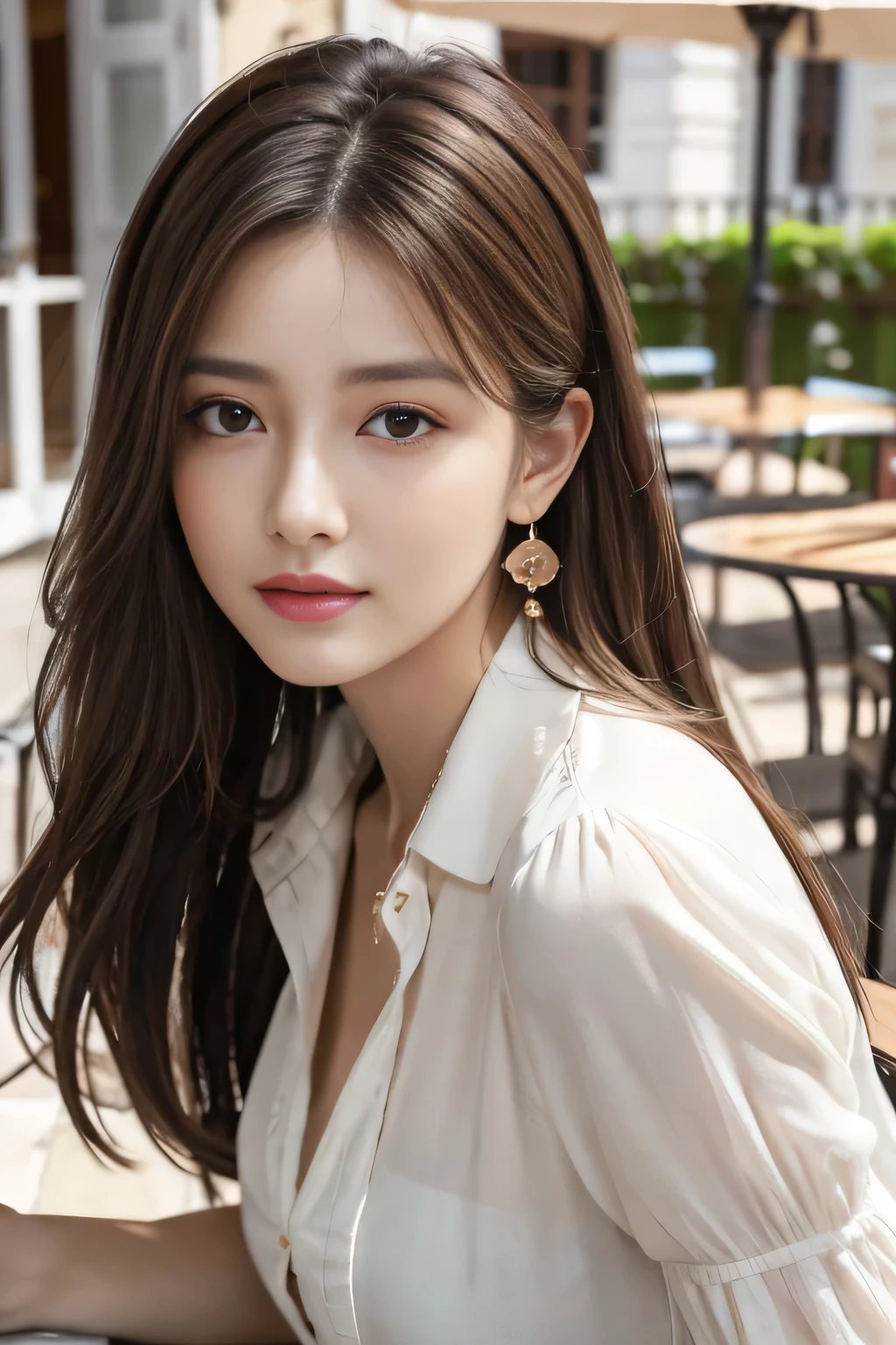 masterpiece, Highest quality, Realistic, Very detailed, Finer details, High resolution, 8k wallpaper, One beautiful woman,Wear a nice blouse, On a lovely cafe terrace, at noon, Light brown messy hair, Perfect dynamic composition, Beautiful and beautiful eyes、Big earrings、