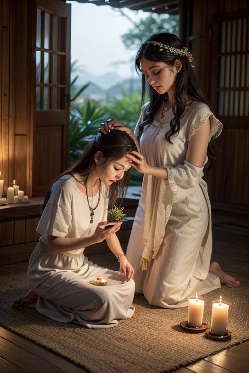 Create a vibrant and detailed illustration of the Amaci ritual in Umbanda. The scene should show a pai or mãe de santo applying an herbal bath to the head of a medium, in a sacred and welcoming environment. Important elements to include:

Pai or Mãe de Santo: Dressed in traditional white clothing, adorned with beaded necklaces and holding a clay container with water and herbs.

Medium: Seated or kneeling, with head bowed to receive the herbal bath, in an expression of serenity and spiritual connection.

Herbs: Visibly present, such as rue, guinea and basil, both in the container and around the scene.

Setting: Decorated with lit candles, incense giving off smoke, and offerings, such as fruits and flowers, arranged around.

Spiritual Atmosphere: Include ethereal elements, such as soft light radiating from candles and a subtle glow around the participants, to symbolize the presence of spiritual guides.

The image must convey a sense of peace, purity, and connection with spirituality, reflecting the essence of the Amaci ritual in Umbanda.