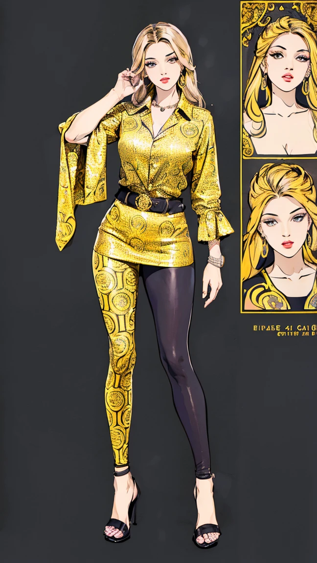 ((best quality,4k,highres,masterpiece:1.2)),((character concept art)), 1 female, age 25, European. Known for her impeccable fashion sense and elegant demeanor, she is a true embodiment of the Versace brand. Her body language is as captivating as her style, always exuding confidence and high fashion. (((She's wearing an exquisite Versace Barocco-print Shirt in Silk and Barocco-print leggings, a true testament to the brand's luxurious aesthetic.))) Paired with Versace Medusa Tribute Sandals, she carries her ensemble with an air of effortless sophistication. Her accessories include a Versace Medusa Tribute Bag and a pair of Versace Tribute Sunglasses, enhancing her overall look. ((intricate detail)), super finely detailed hands, ultra finely detailed fingers(((ten fingers))), (standing confidently), (full body showcase), (show full body), (no logos on background), (no logo), ((plain background)), ((plain background)), (((empty background))).