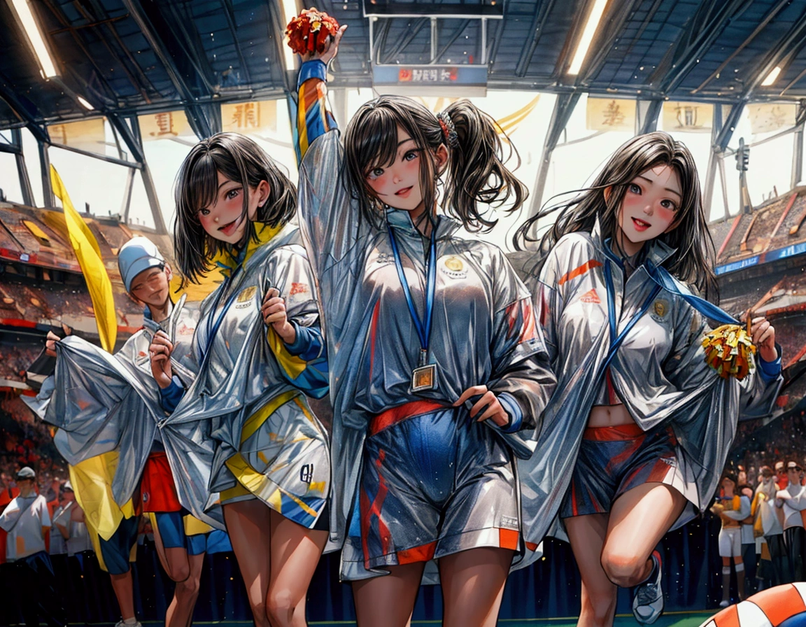 there are many athletes, 艺术illustration, Artistic Rendering, Sports settings, (cheer),(sports venue), (((whole body))),{(holding a medal in hand)}, taken in 2 0 2 0, Gemma Chan, mei-ling zhou, wenfei ye, open, yun ling, maya takamura, Olympic Games Photos, {{ Perfect facial proportions}},{{masterpiece}}, {{{best quality}}},{{Extremely detailed}}, {{illustration}},{{masterpiece}},{{{best quality}}},{{Extremely detailed}}, Photorealism,realism,Reality,High Detail,Ultra-high quality,high resolution,Popular on artstation,超realism,HD,16K,Unreal Engine,rendered on octane,Corona Rendering,Tilt Shift,Bottom View,Rembrandt Lighting,
