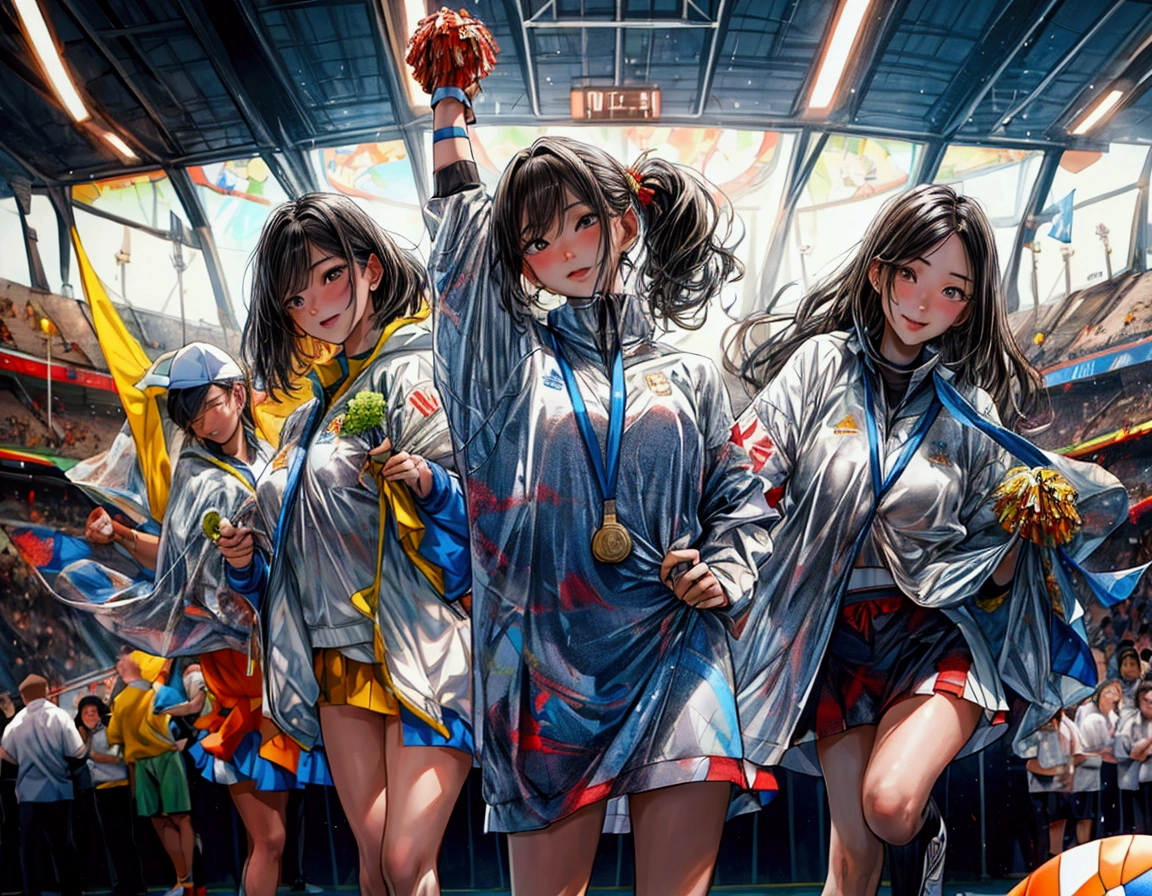 there are many athletes, 艺术illustration, Artistic Rendering, Sports settings, (cheer),(sports venue), (((whole body))),{(holding a medal in hand)}, taken in 2 0 2 0, Gemma Chan, mei-ling zhou, wenfei ye, open, yun ling, maya takamura, Olympic Games Photos, {{ Perfect facial proportions}},{{masterpiece}}, {{{best quality}}},{{Extremely detailed}}, {{illustration}},{{masterpiece}},{{{best quality}}},{{Extremely detailed}}, Photorealism,realism,Reality,High Detail,Ultra-high quality,high resolution,Popular on artstation,超realism,HD,16K,Unreal Engine,rendered on octane,Corona Rendering,Tilt Shift,Bottom View,Rembrandt Lighting,