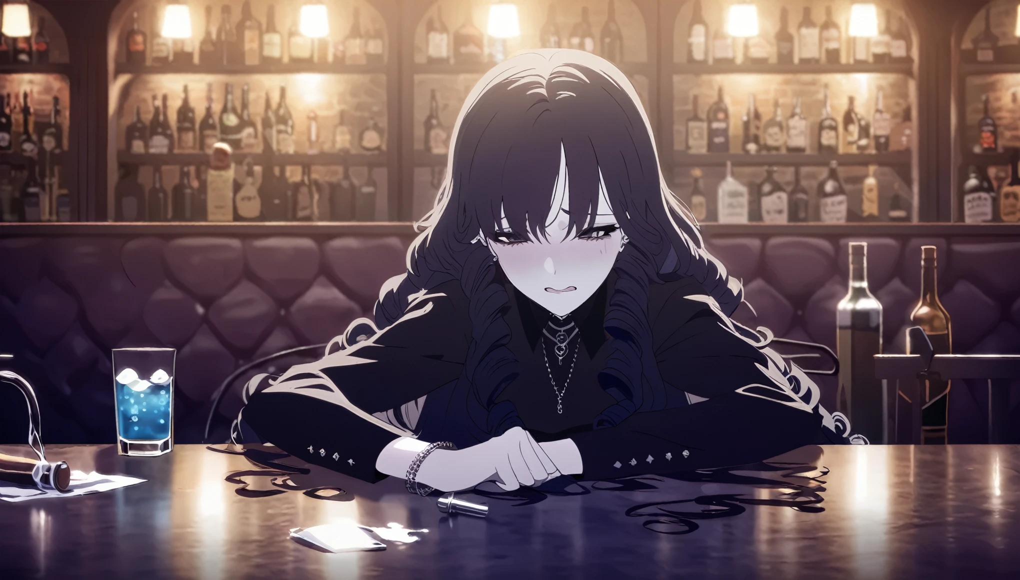 ((Woman)), Depressed, ((Curly Long Hair)), Drunk, Sad, Goth, Submissive, Bar, Night, HD, High Resolution, 4K