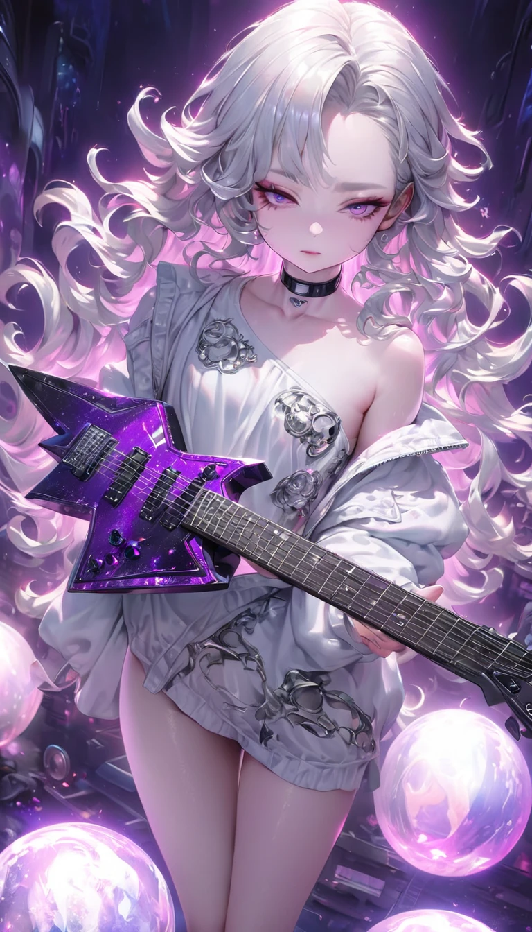 beautiful woman, plays star-shaped electric guitar with deformed body, cool and sadistic, amorous and lewd face, looking down with a cold gaze, make-up, beautiful messy white wavy hair, great proportion, wearing heavy metal fashion, choker, (ultra detailed, absolutely resolution, best quality:1.3), 2.5D, delicate and dynamic, shading effects, hyper realistic, artistic photography, graphic CG digital art, background purple and black cosmic rays illuminated by a large transparent crystal ball