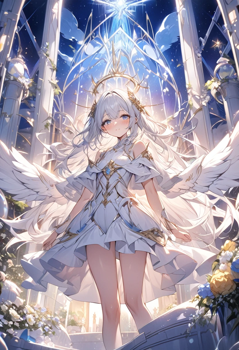 Attention to detail, Super Detail, Ultra-high resolution, An angel having a good time in the sanctuary of dreams, The girl is wearing state-of-the-art technology,The white light that shines on her, The background is a sacred area,The sky is a mixture of day and night,Delicate face, Add a fantastical atmosphere 