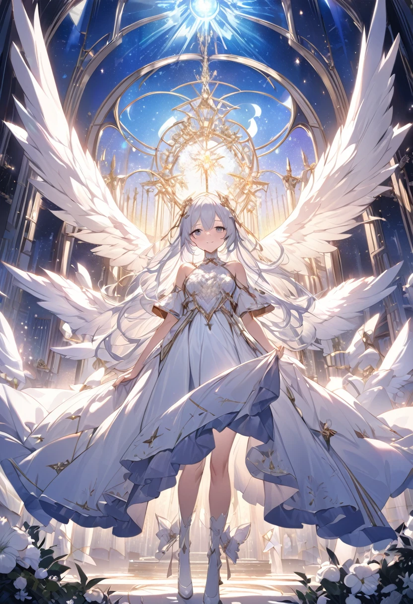 Attention to detail, Super Detail, Ultra-high resolution, An angel having a good time in the sanctuary of dreams, The girl is wearing state-of-the-art technology,The white light that shines on her, The background is a sacred area,The sky is a mixture of day and night,Delicate face, Add a fantastical atmosphere 