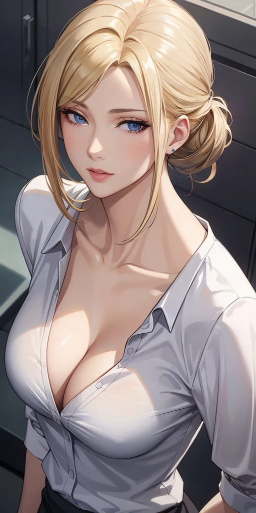 (masterpiece), Realistic, elegant mature woman, blonde, blue eyes, soft light, 4k resolution, high detailed, high quality, beautiful cg